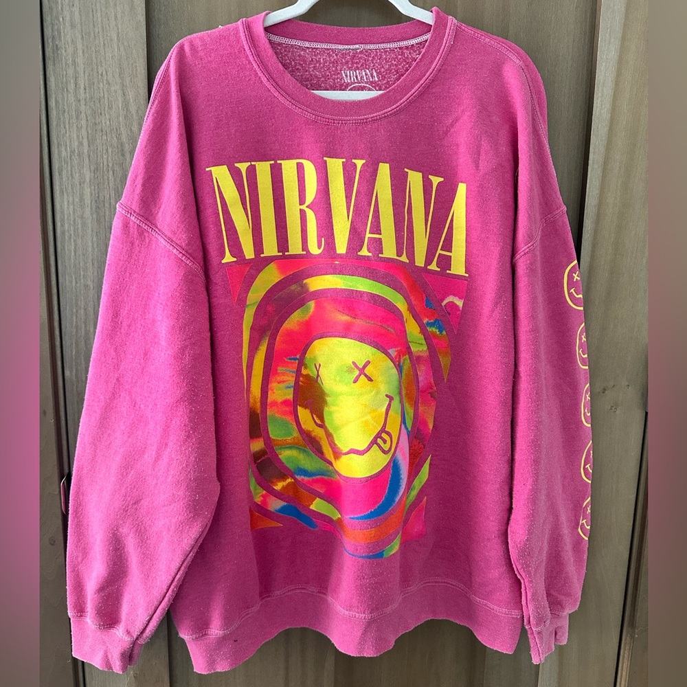 NIRVANA Pink Graphic Crewneck Sweatshirt with Yellow Logo
